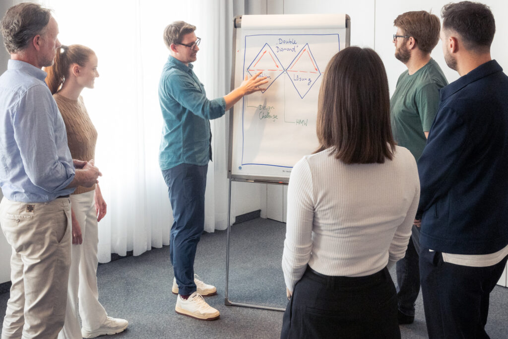 Fünf Personen stehen um ein Whiteboard, während ein Trainer die Inhalte darauf erklärt